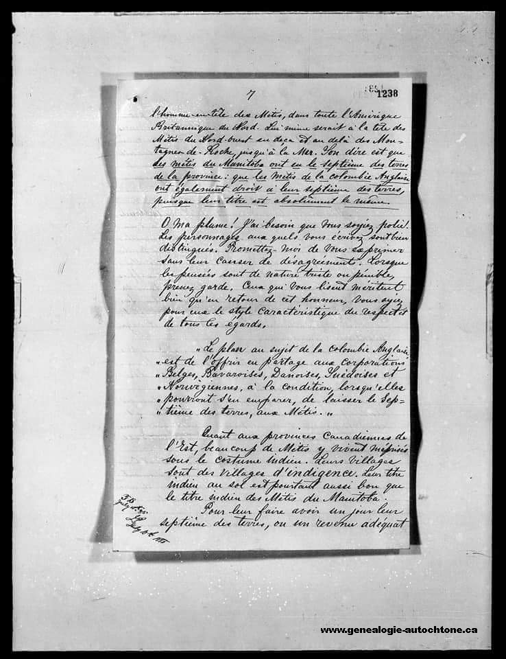 Louis Riel, lettre appuyant les Métis de l'est et du Canada